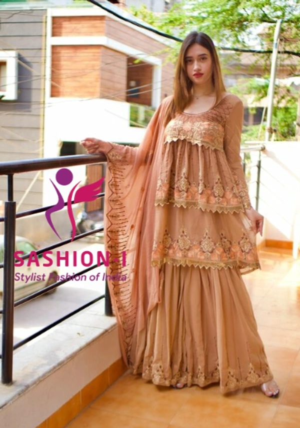 Brown Colour Sharara Salwar Kameez With Dupatta Work